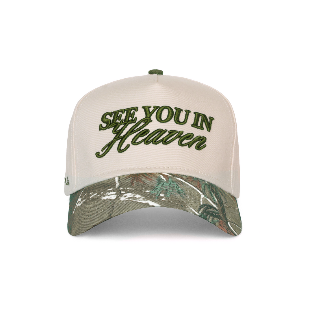 cream and camo Cap with 'See You in Heaven' text on a white background